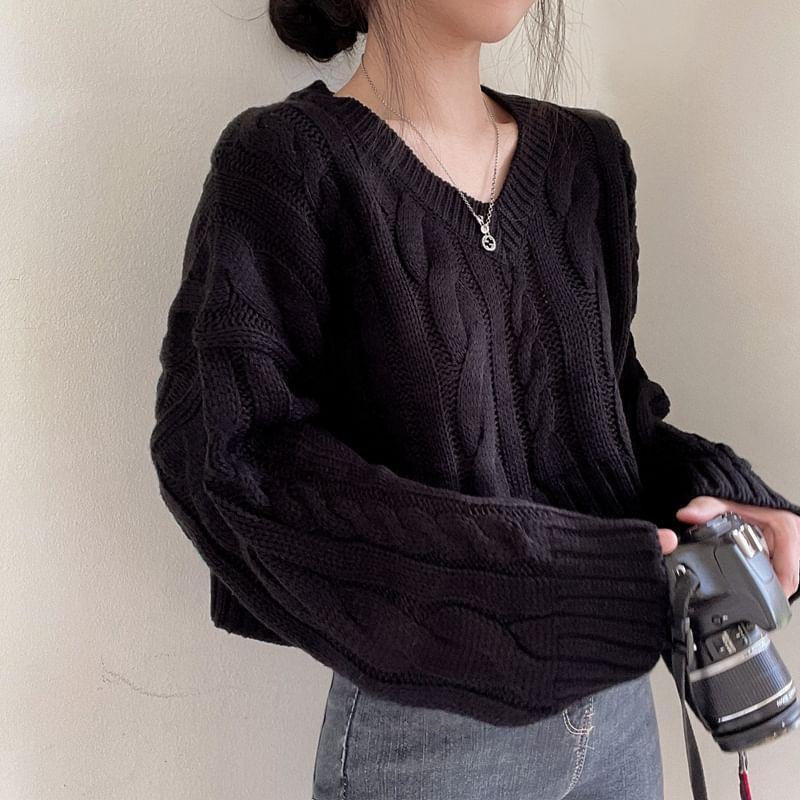 V-Neck Plain Cable-Knit Cropped Sweater Product Image