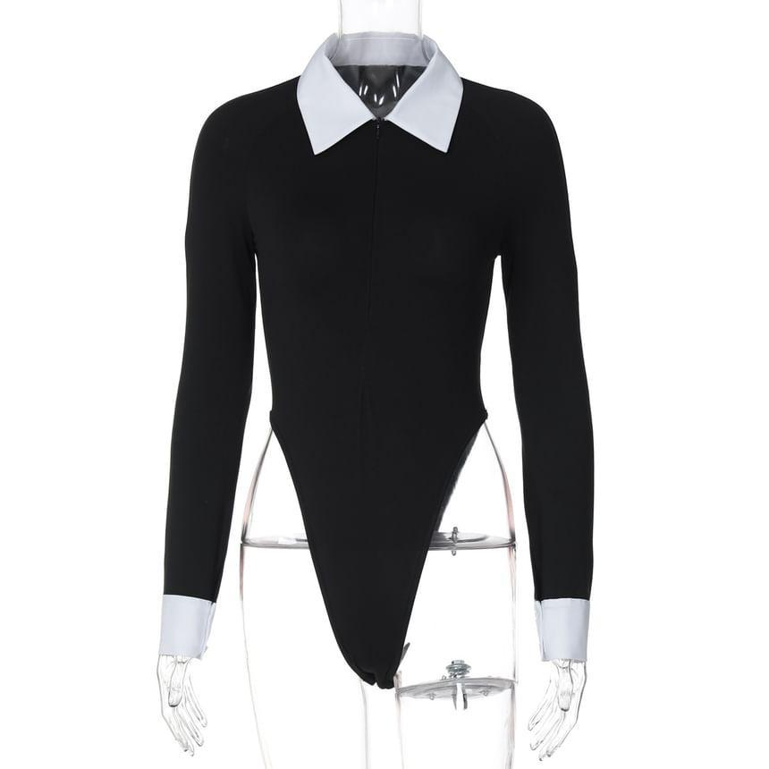 Long-Sleeve Collared Contrast Trim Bodysuit Top Product Image