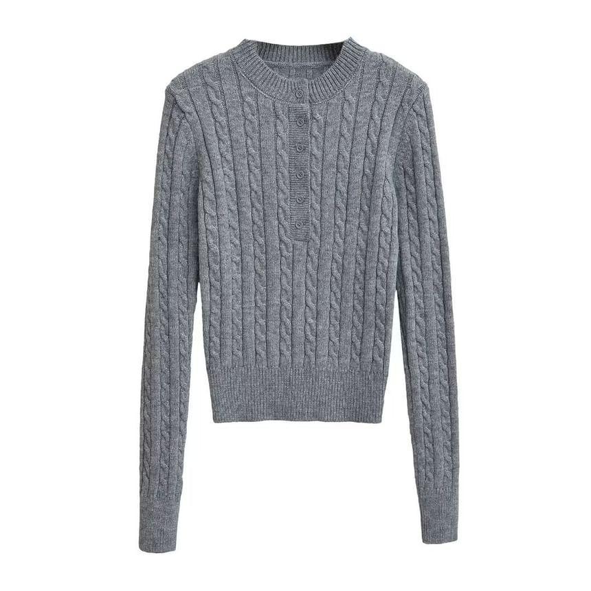 Long-Sleeve Crewneck Half Buttoned Plain Knit Top Product Image