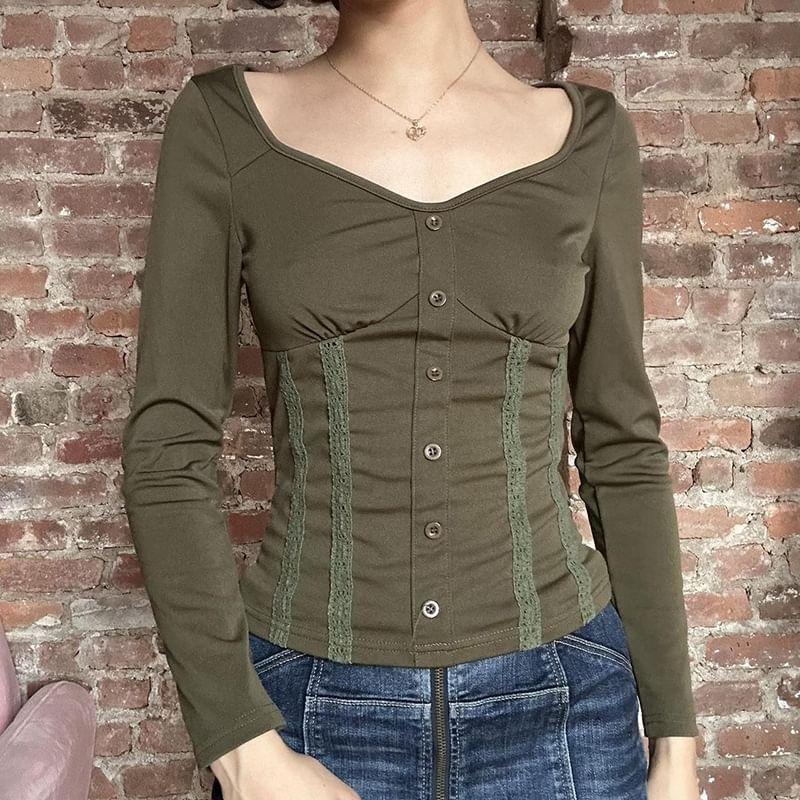 Long Sleeve Sweetheart Neck Button Up Lace Trim Slim Fit Top Product Image