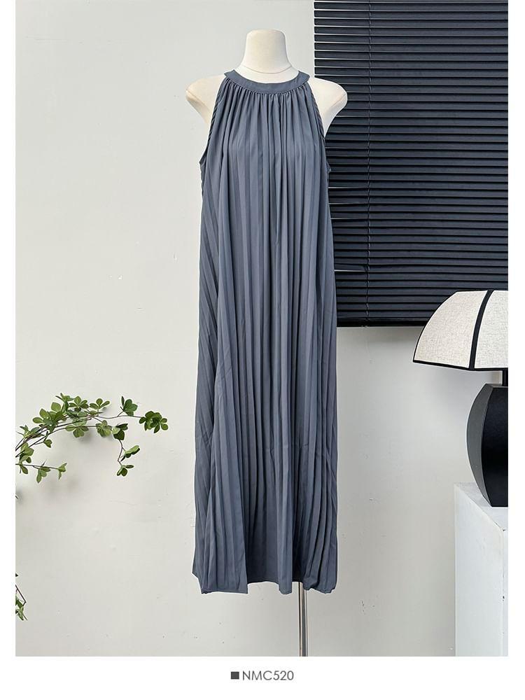 Sleeveless Pleated Halter Maxi Dress Product Image