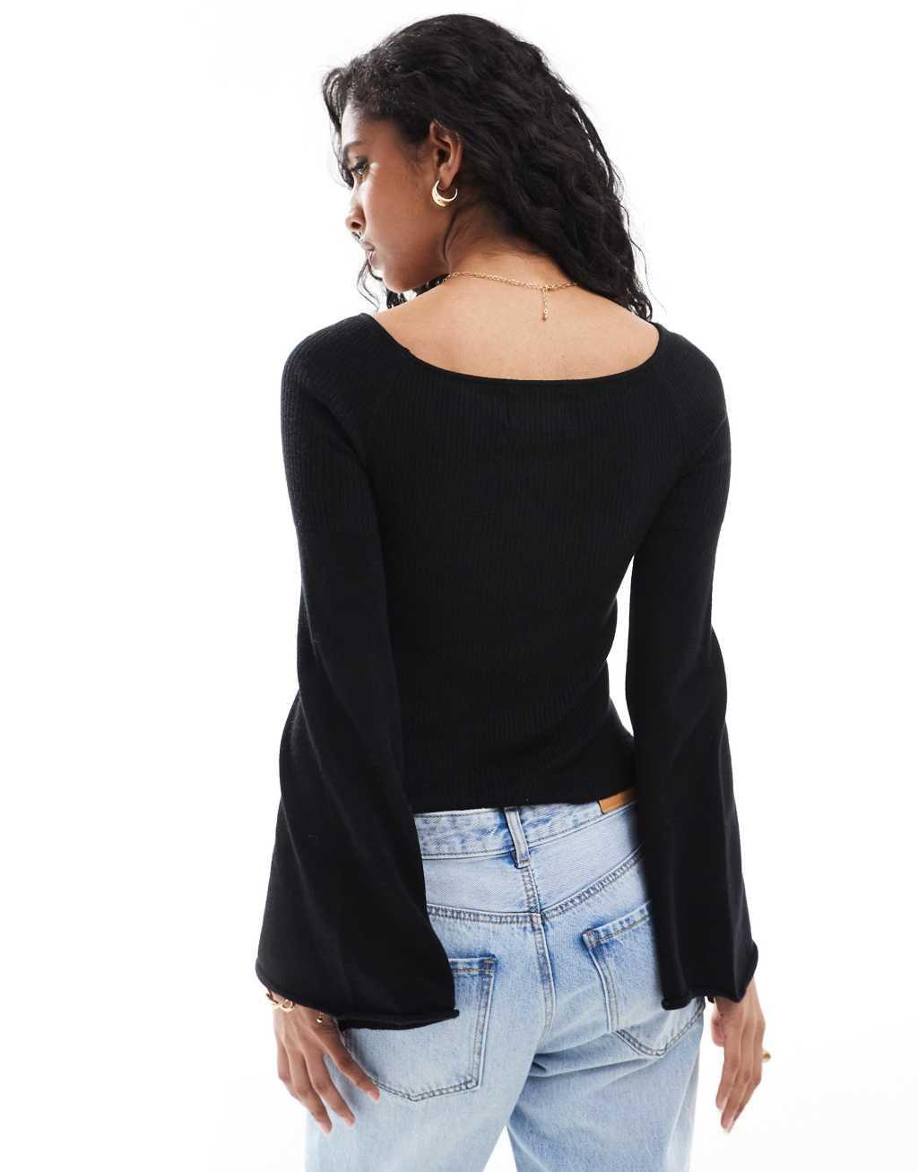 Pieces structured rib knit top with flared sleeves in black Product Image