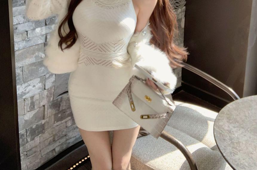 Halter Plain Pointelle Knit Mini Bodycon Dress / Fluffy Cardigan Product Image