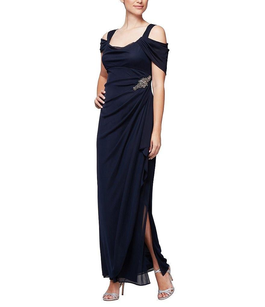 Alex Evenings Petite Size Short Sleeve Cold Shoulder Cowl Neck Side Brooch Gown Product Image