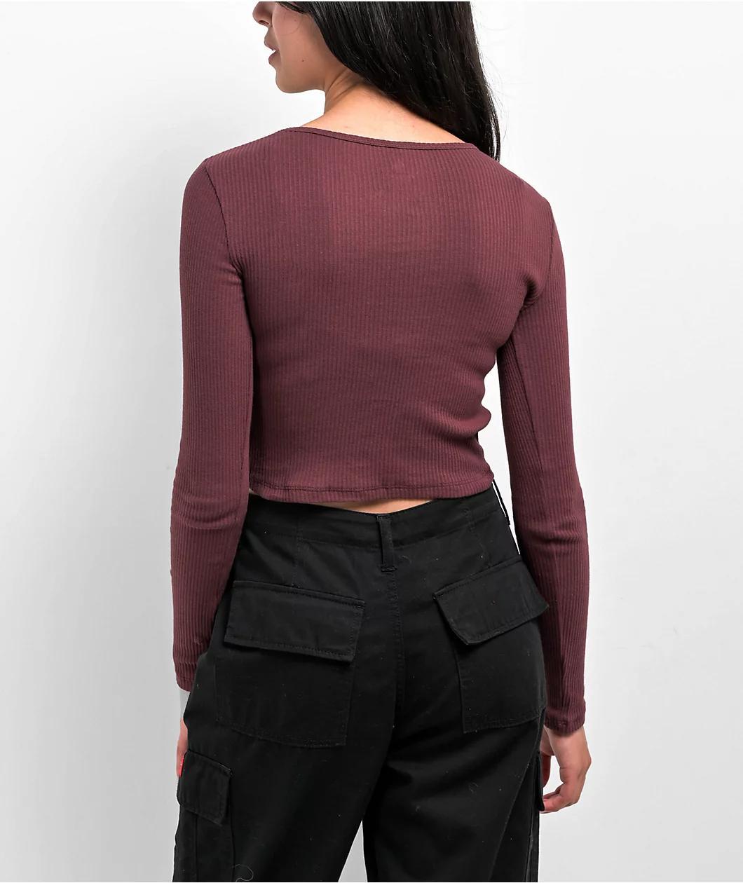 Fivestar Cutout Deep Plum Long Sleeve Crop Top Product Image