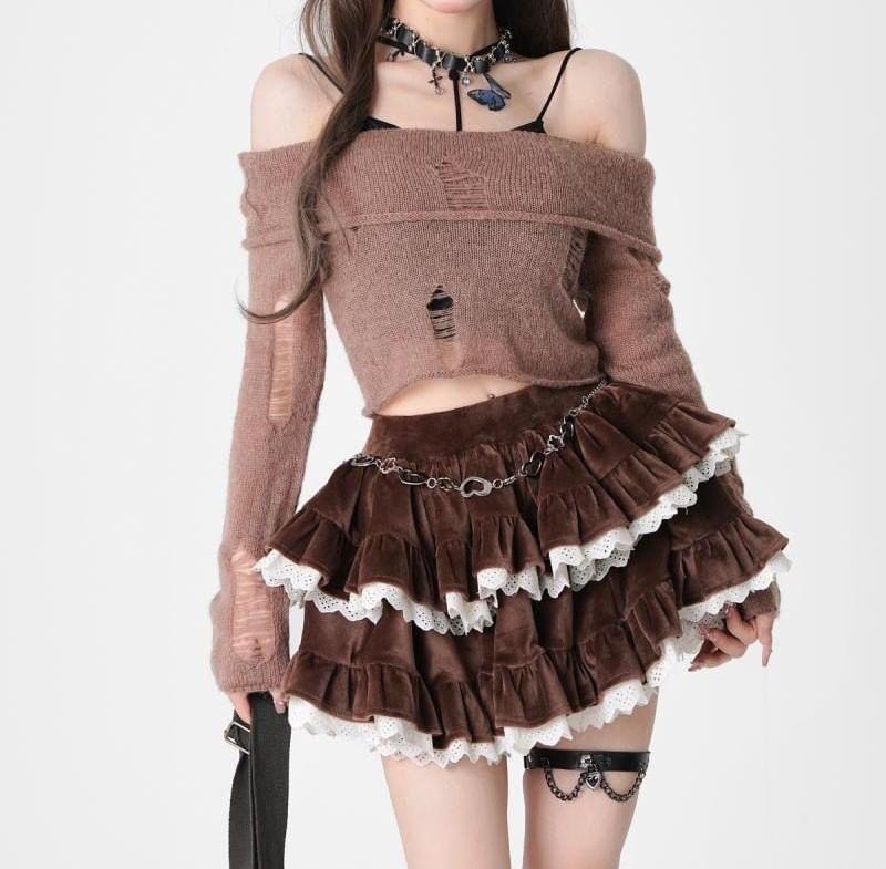 High Rise Lace-Trim Corduroy Layered Mini Tulle Skirt Product Image