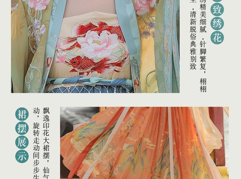 Set: Floral Embroidered Hanfu Maxi Dress + Long Light Jacket + Scarf + Fish Hanging Deco Product Image