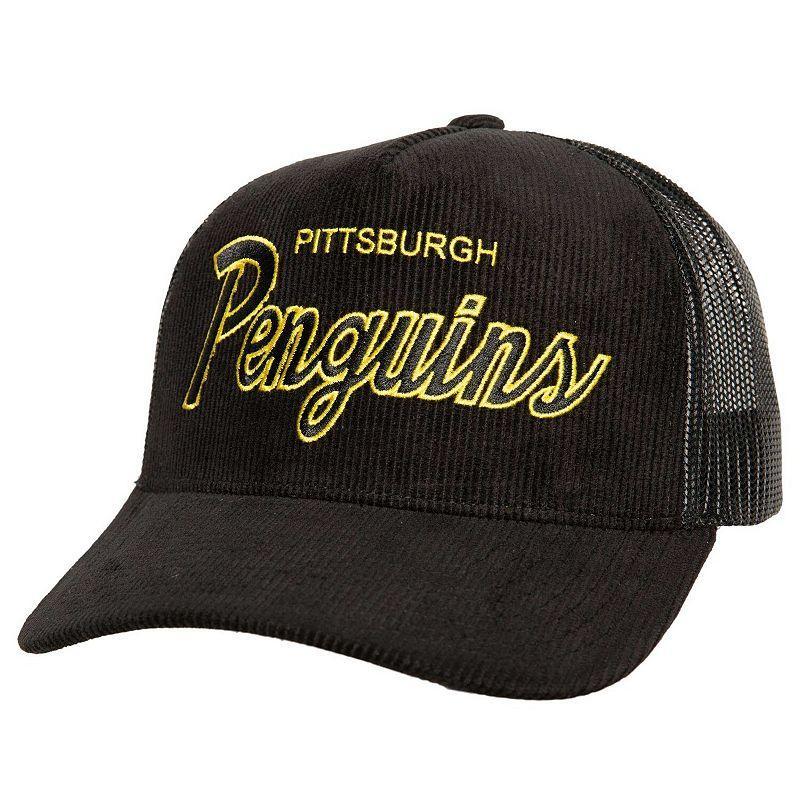 Mens Mitchell & Ness Pittsburgh Penguins Times Up Classic Script Cord Trucker Adjustable Hat Product Image