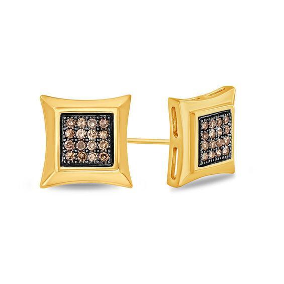 Men's 1/6 CT. T.w. Champagne Composite Diamond Square Stud Earrings in 10K Gold and Black Rhodium Product Image