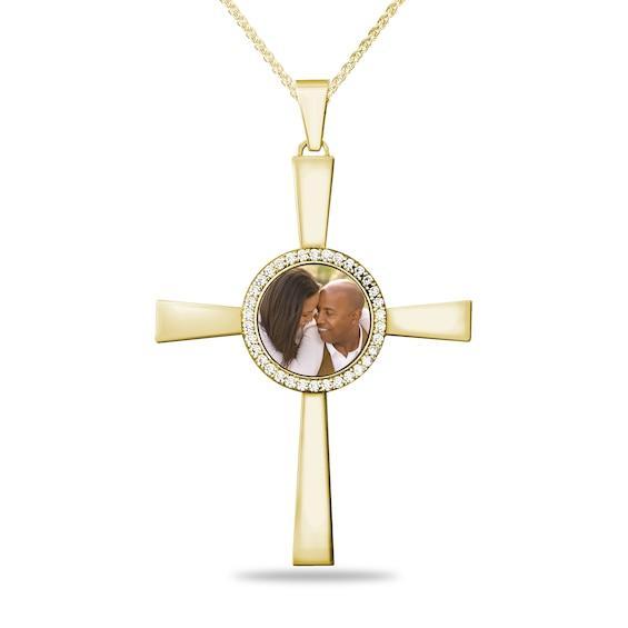 Men's 5/8 CT. T.w. Diamond Engravable Photo Cross Pendant in 10K Gold (1 Image and Line) Product Image