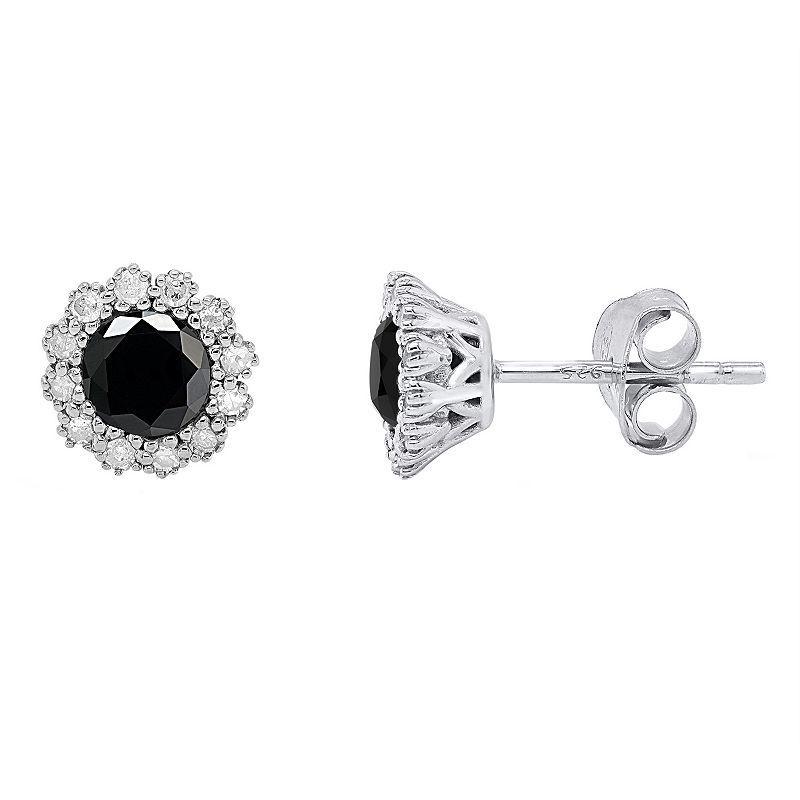 Sterling Silver 1 1/2 Carat T.W. Black & White Diamond Halo Stud Earrings, Womens, Multicolor Product Image