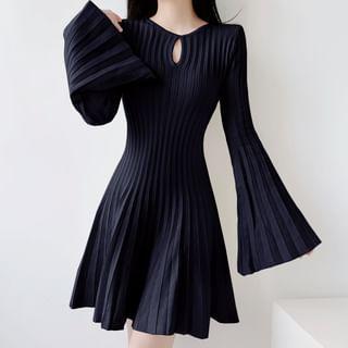 Flared-Sleeve Plain Cutout Ribbed Knit Mini A-Line Dress Product Image