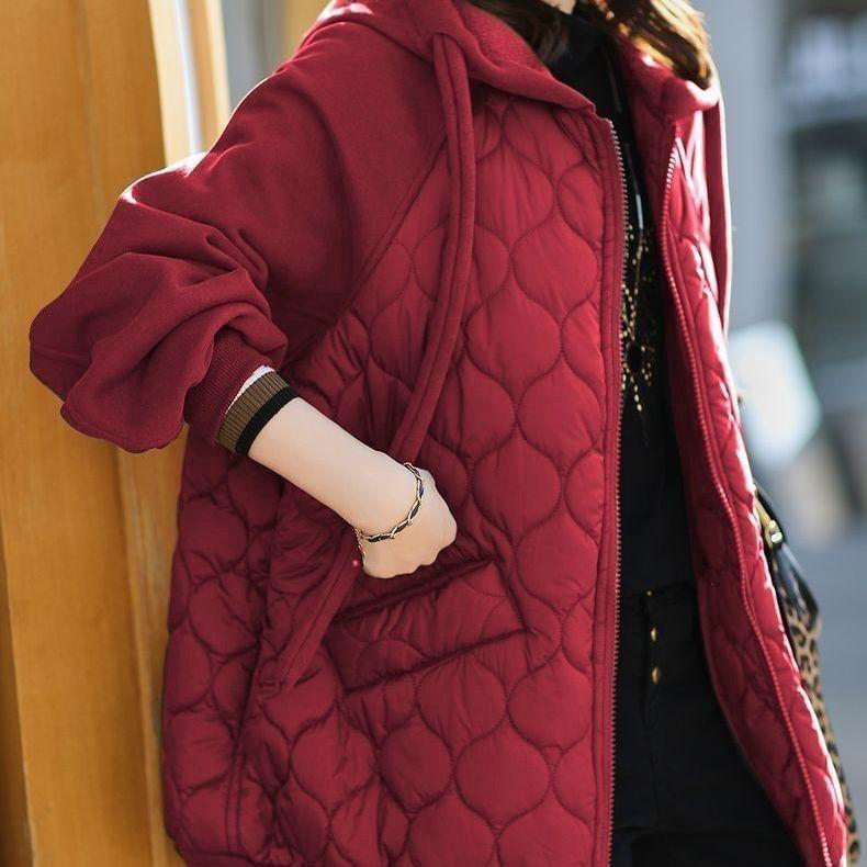 Hooded Plain Quilted Zip Up Jacket Product Image