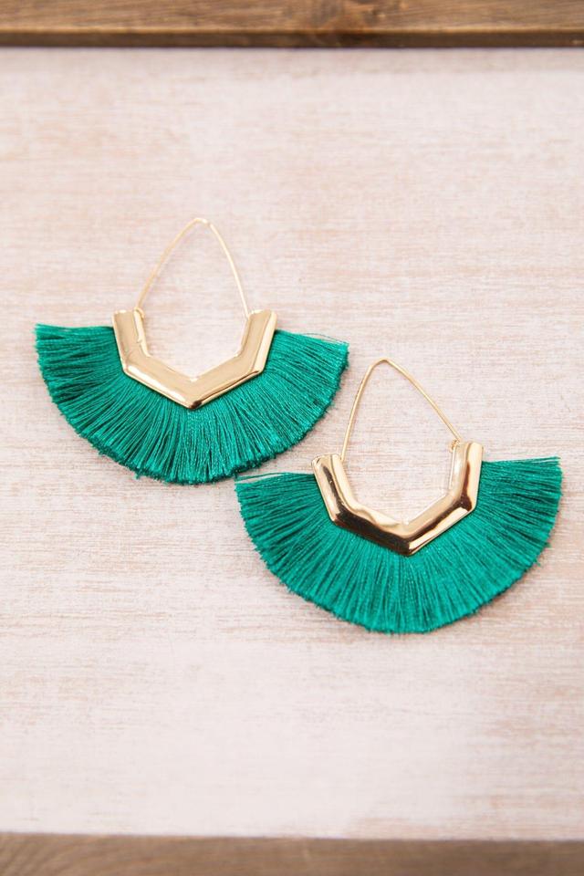 Teal and Gold Fan Shaped Tassel Earrings Product Image