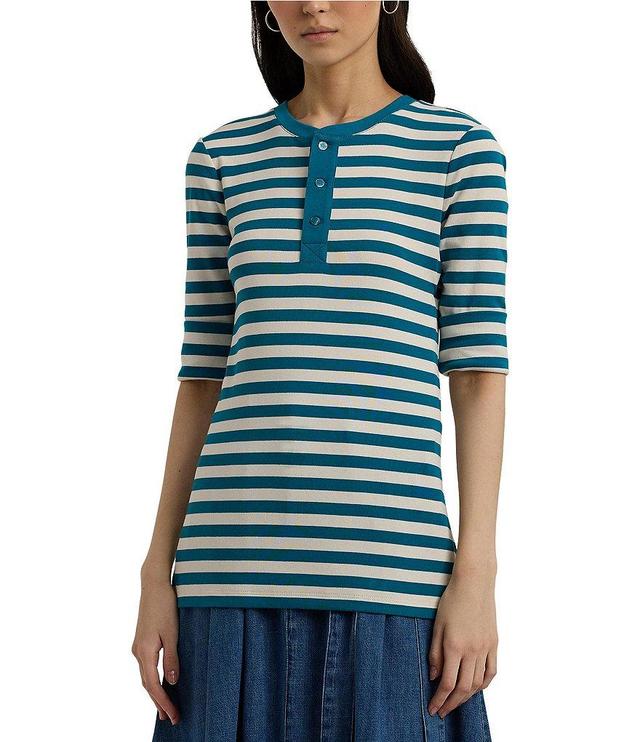 Lauren Ralph Lauren Petite Size Stretch Yarn-Dye Striped Contrast Trim Crew Neck Elbow Sleeve Henley Tee Product Image