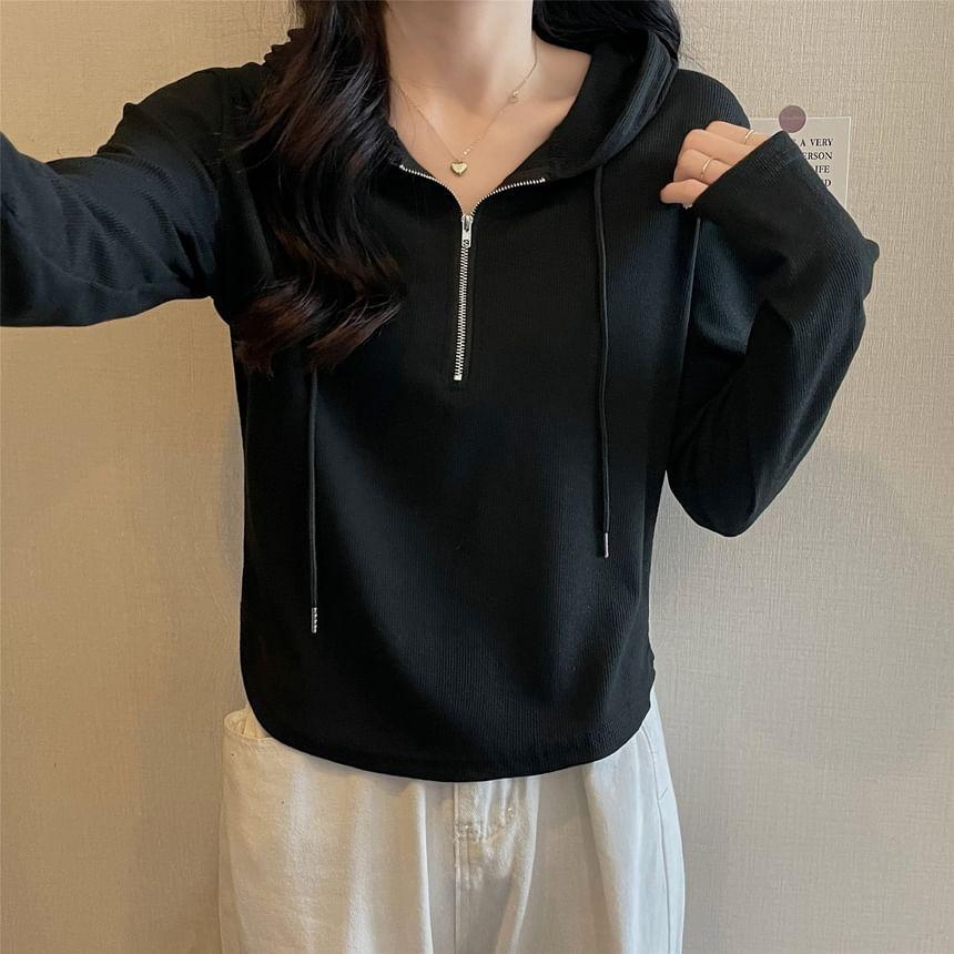 Long-Sleeve Drawstring Hooded Half-Zip Tee Product Image