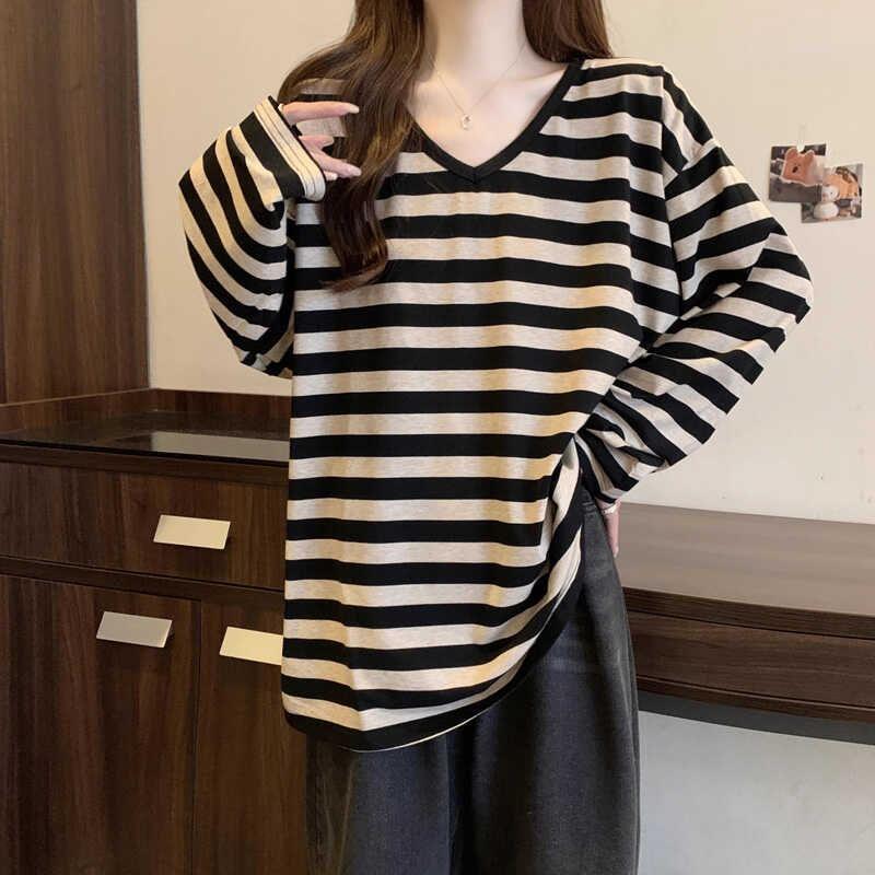 Long-Sleeve V-Neck Striped Tee Product Image