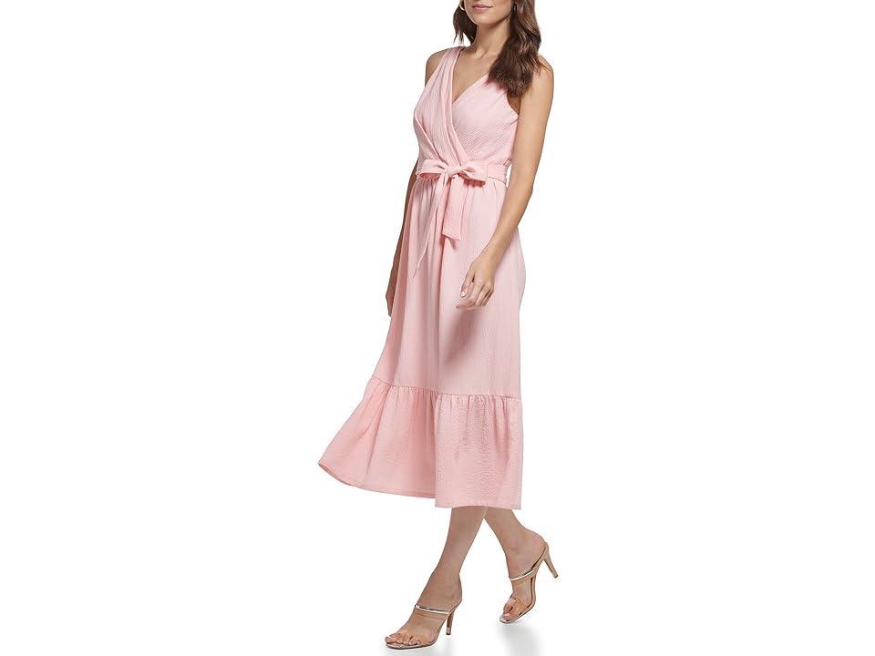 DKNY V-Neck Ruffle Hem Midi Dress (Blossom/Cream) Women's Dress Product Image