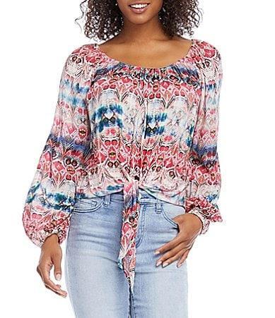 Karen Kane Printed Scoop Neck Blouson Sleeve Tie Front Top Product Image