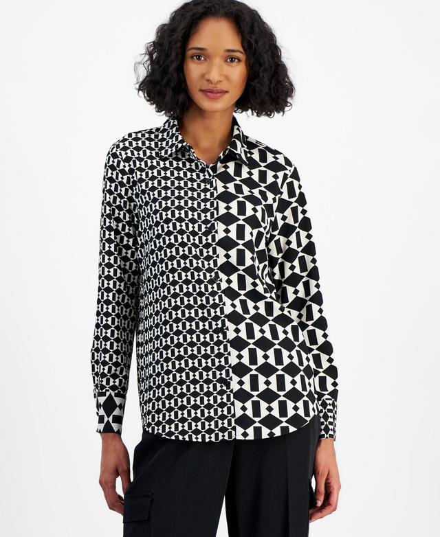 Bar Iii Womens Printed Colorblocked Button-Up Shirt, Created for Macys - Black Product Image