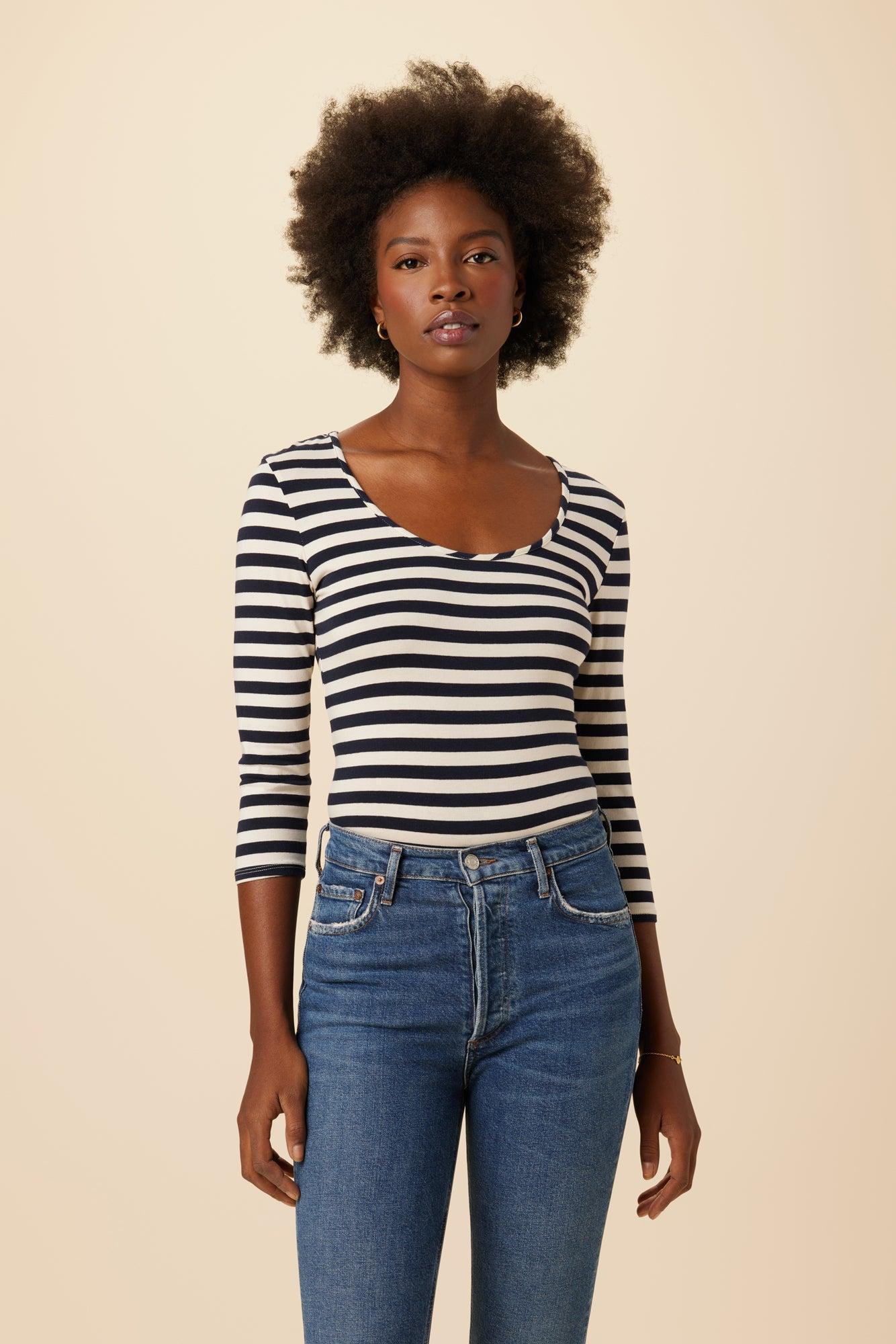 Cara 3/4 Sleeve Reverie Knit Tee - Navy and Ivory Stripe - ReAmour Product Image