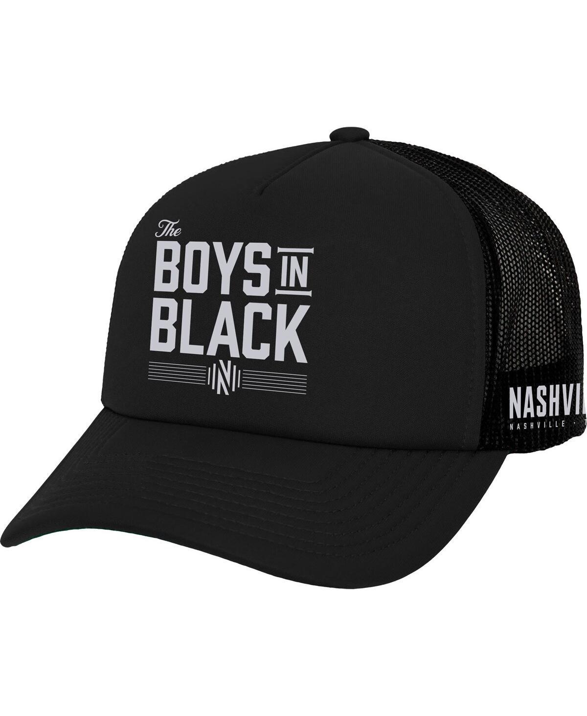 Mens Mitchell & Ness Black Nashville SC x Johnny Cash Boys In Black Trucker Snapback Hat Product Image