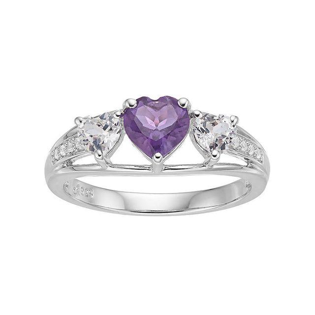 Sterling Silver Amethyst & Lab-Created White Sapphire Triple Heart Ring - Size: 7, Womens, Purple Product Image