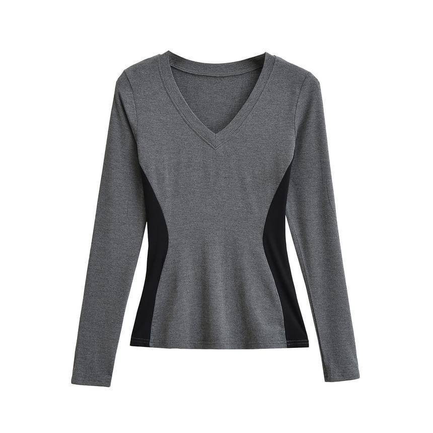 Long-Sleeve V-Neck Plain Tee Product Image