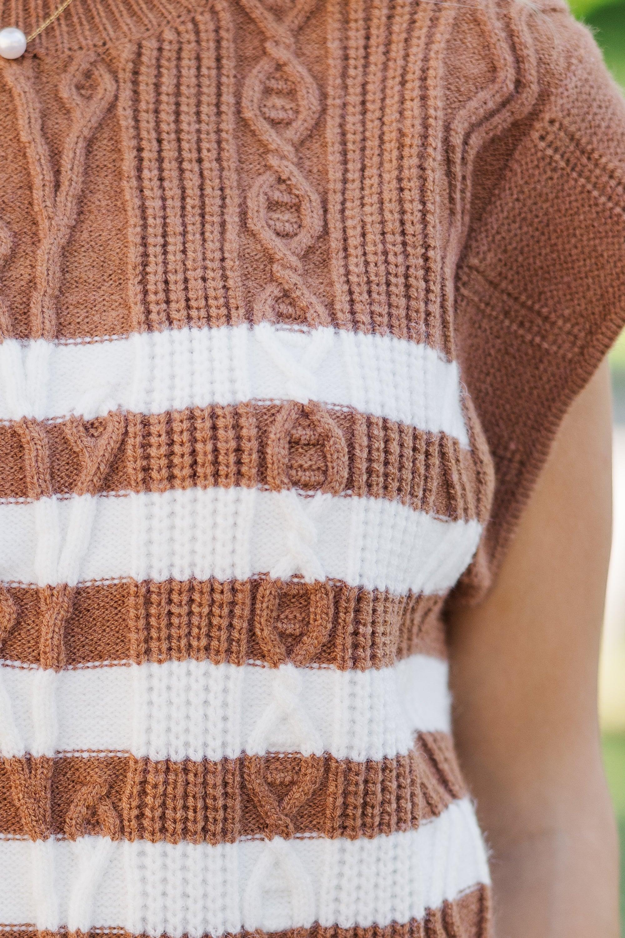 Get It Going Camel Brown Striped Cable Knit Sweater Top Female Product Image