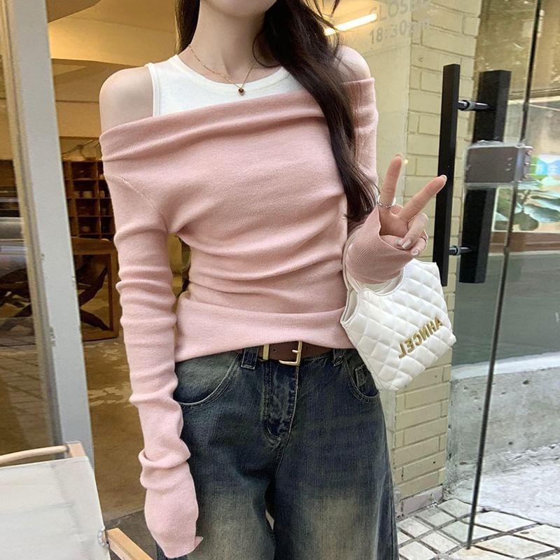 Long-Sleeve Crew Neck Cold Shoulder Mock Two-Piece Two Tone Knit Top Product Image