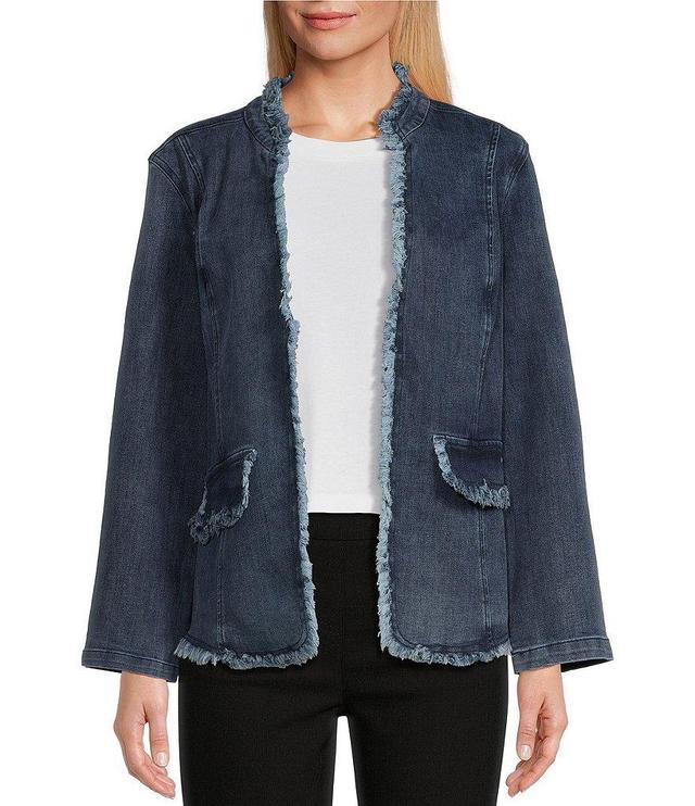 Multiples Petite Size Stand Collar Long Sleeve Fringe Trim Detail Denim Jacket Product Image