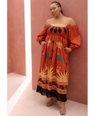 Plus Size Printed Puff Sleeve Fringe Maxi Product Image