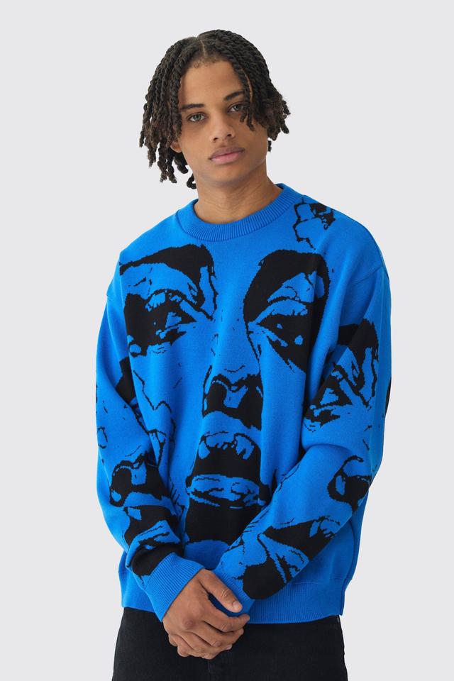 Oversized Boxy Line Face Knitted Jumper | boohooMAN USA Product Image