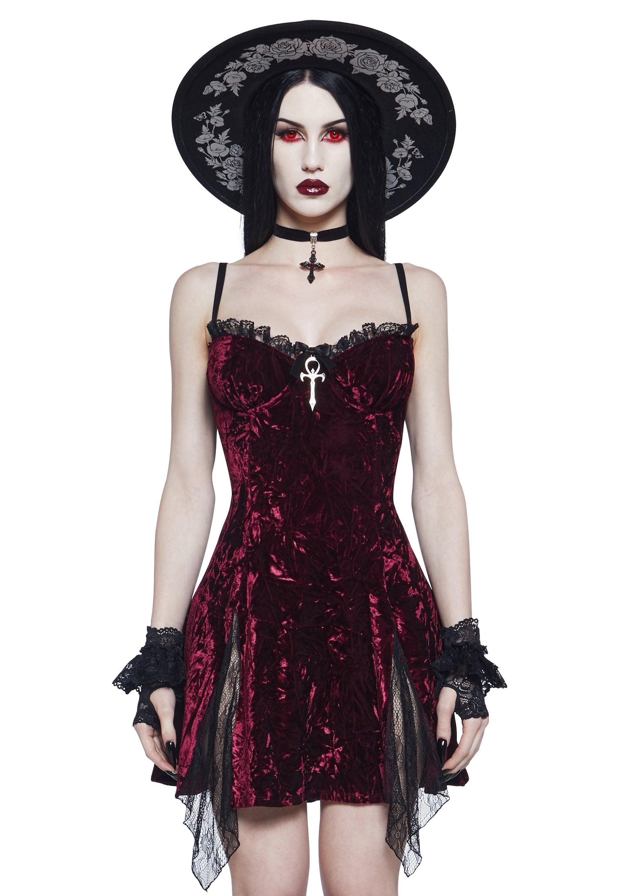 Widow Crushed Velvet Mini Dress With Black Lace - Wine Red product image