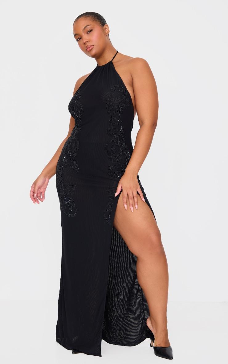 Plus Black Lined Mesh Diamante Detail Split Maxi Dress Product Image