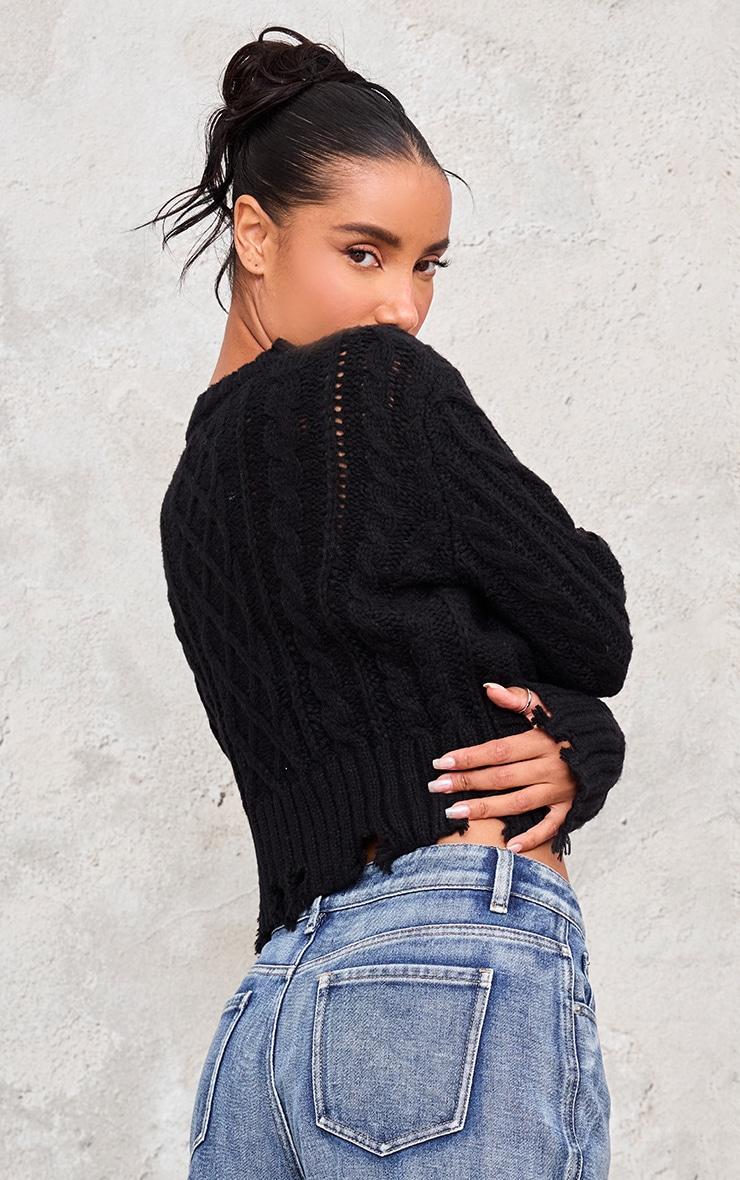 Black Distressed Cable Knit Button Detail Cropped Jumper Product Image