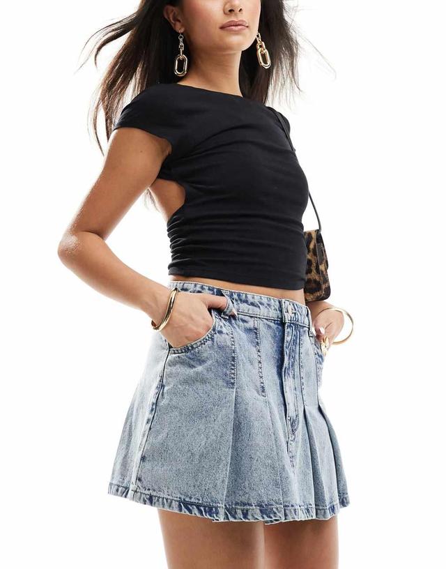 Kaiia denim pleated mini skirt in blue acid wash Product Image