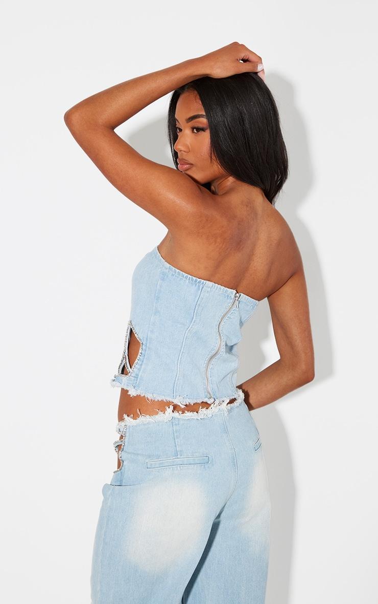 Light Blue Wash Frayed Waist Diamante Detail Corset Denim Top Product Image