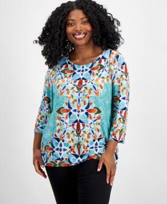 Plus Size Printed 3/4-Sleeve Top, Created for Macy's Product Image