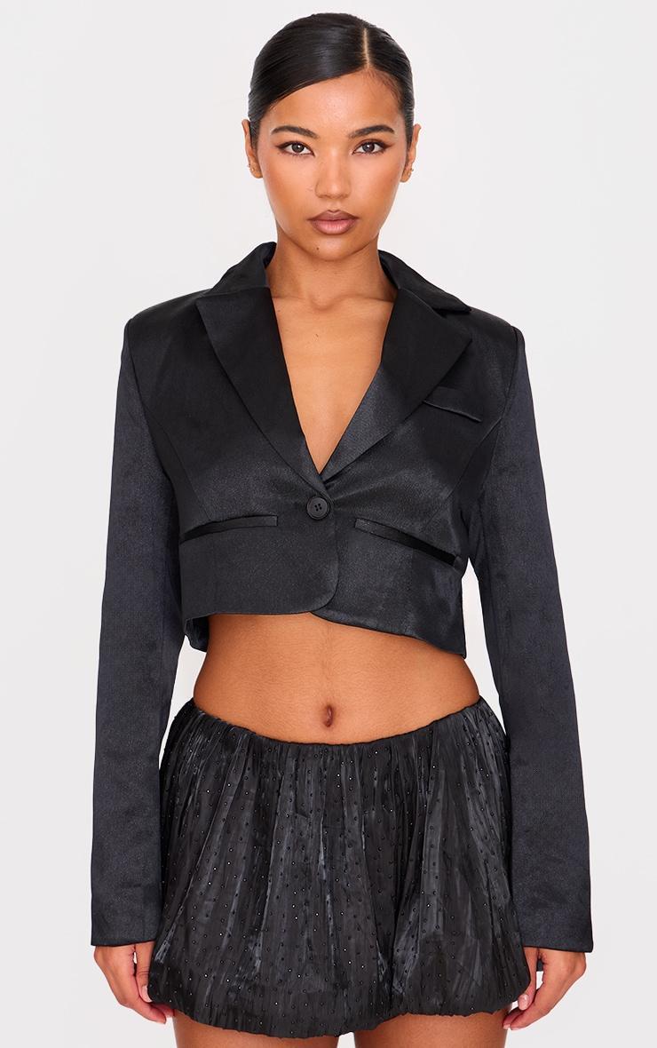 Black Glitter Tailored Cropped Blazer Product Image