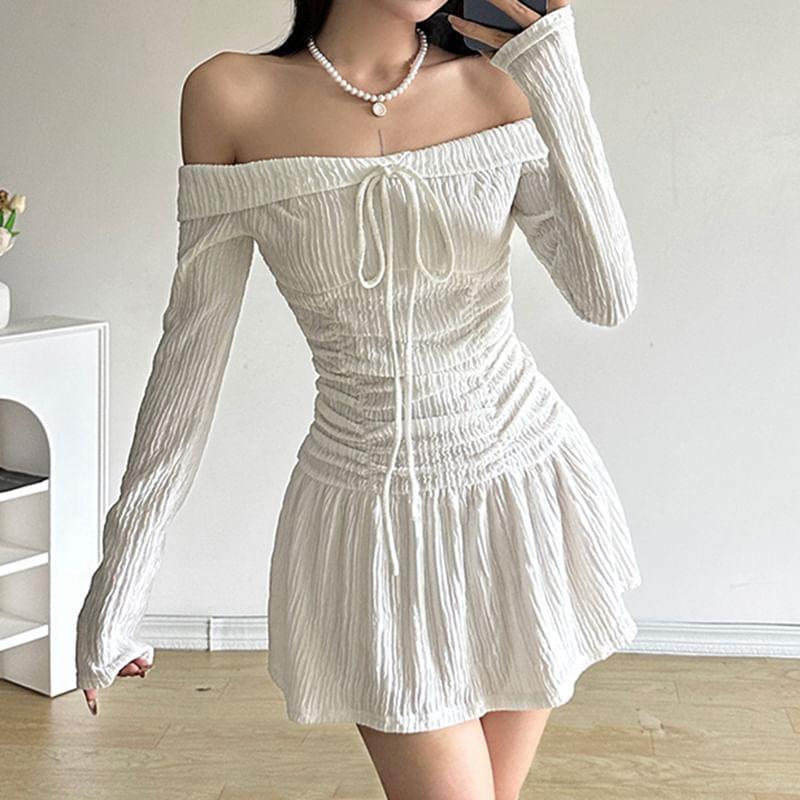 Long-Sleeve Off Shoulder Plain A-Line Dress Product Image