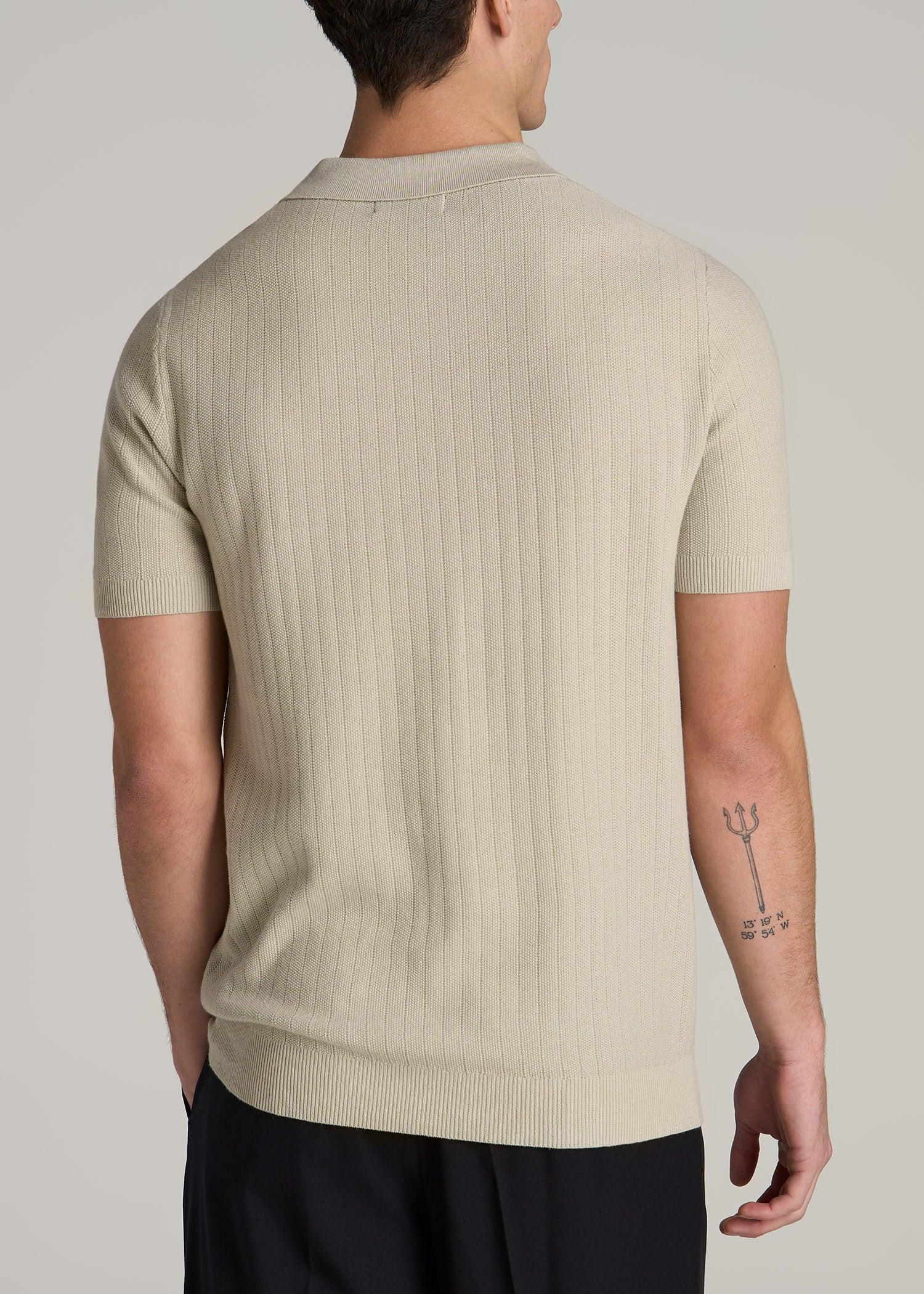 Linen Blend Ribbed Knit Polo Shirt for Tall Men in Stone Male Product Image