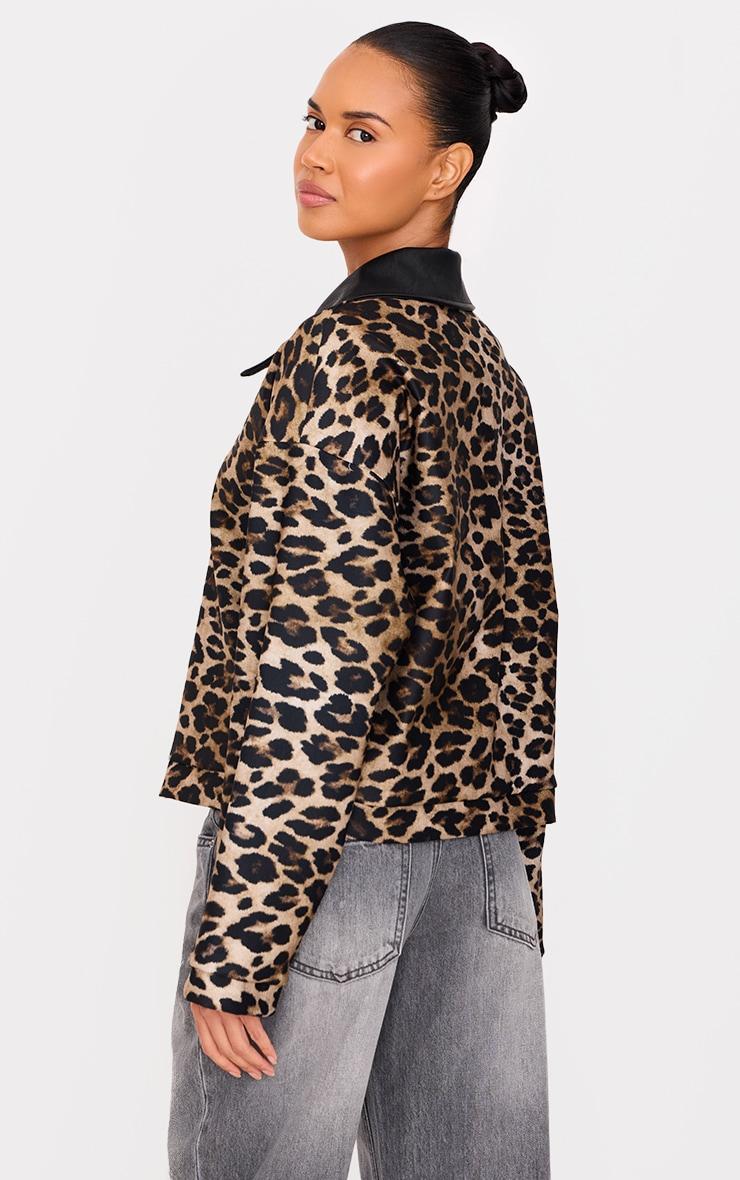 Brown Contrast Faux Leather Leopard Jacket Product Image