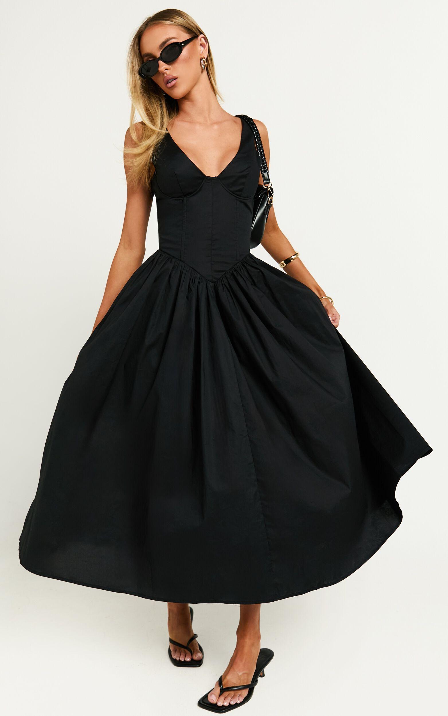 Beckett Midi Dress - Scoop Neck Drop V Waist Gathered Skirt Dress in Black Product Image