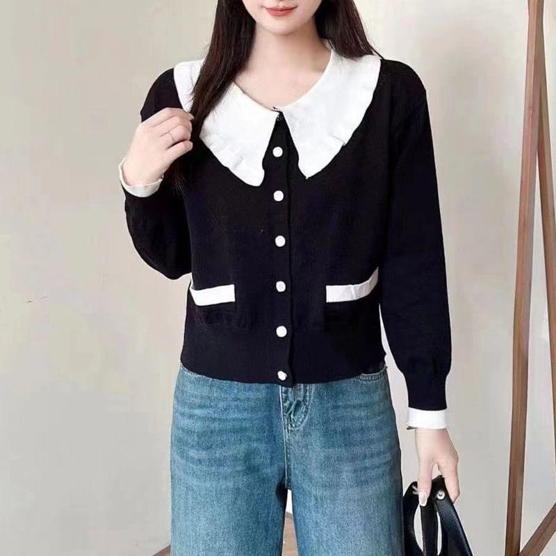 Collared Contrast Trim Button-Up Crop Cardigan Product Image