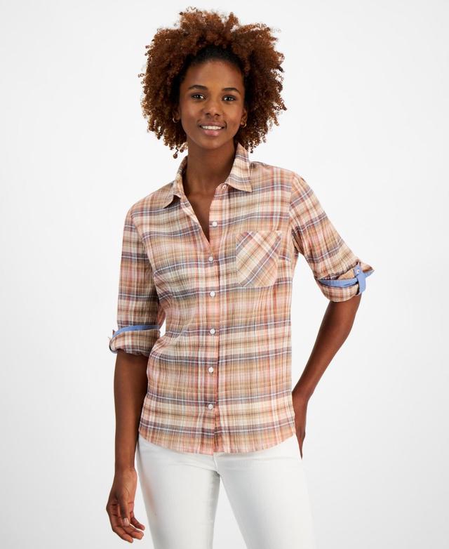 Nautica Jeans Womens Plaid Long-Sleeve Roll-Tab Shirt Product Image