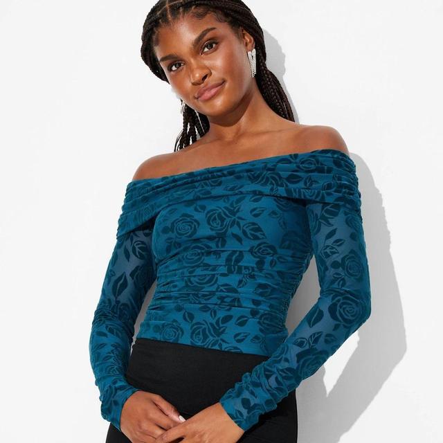 Womens Long Sleeve Ruched Off the Shoulder Top - Wild Fable Dark Teal XXS Product Image