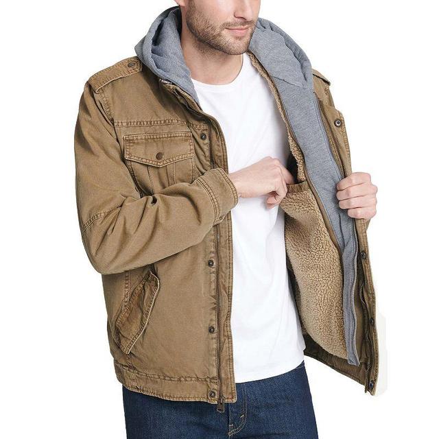 Mens Levis Washed Cotton Sherpa-Lined Hooded Trucker Jacket, Size: XXL, Dark Beige Product Image