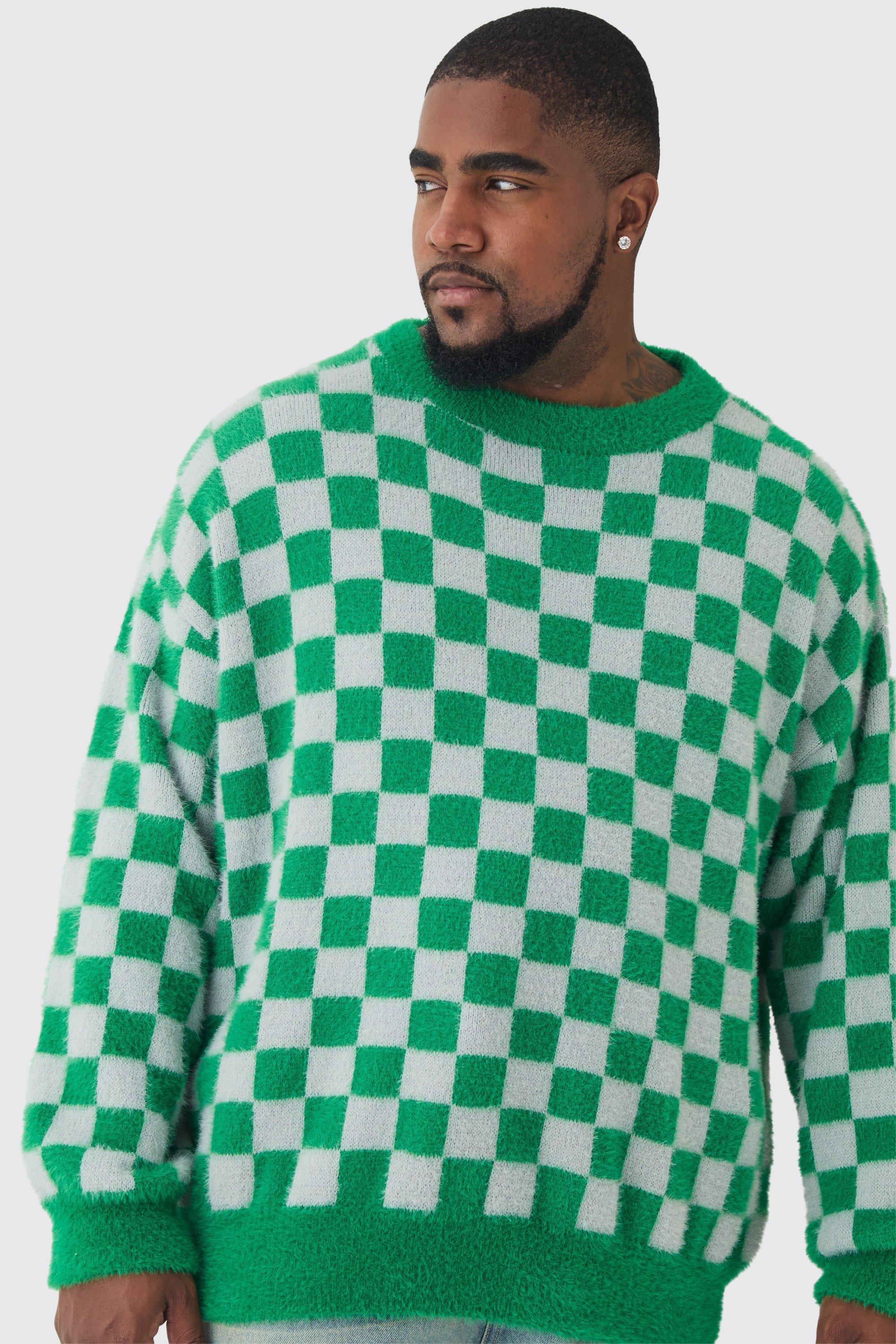 Plus Fluffy Knit Checkered Sweatshirt | boohooMAN USA Product Image