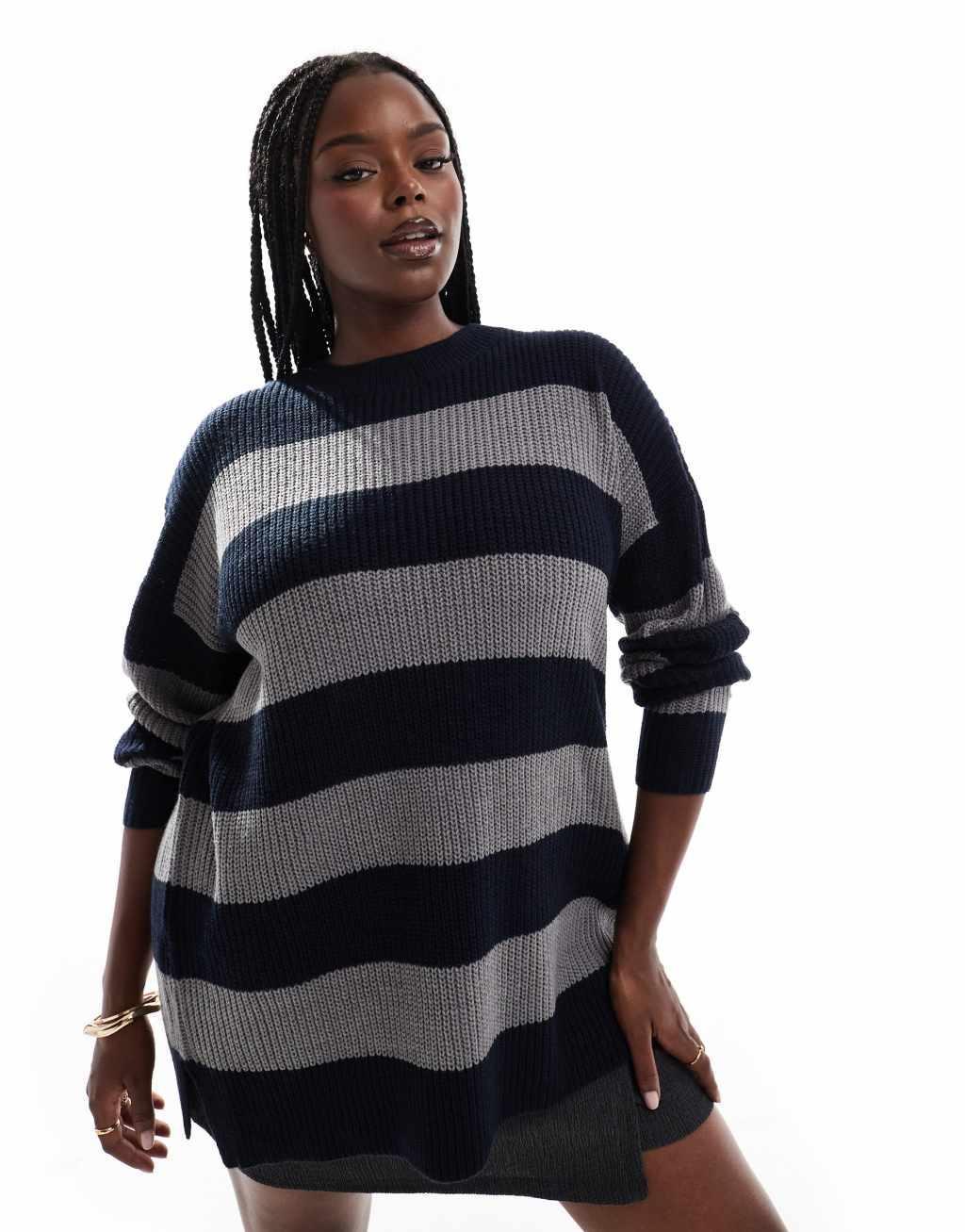 Yours dropped shoulder striped sweater in navy and gray Product Image